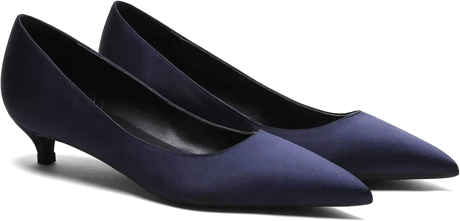 MOOMMO Low Kitten Heel Pumps for Women Pointed Toe Satin Dress Shoes Slip On 1 Inch Low Heel Work Pumps Comfy Basic Casual Office Evening Party Bridal Pump Shoes 4-13 M US