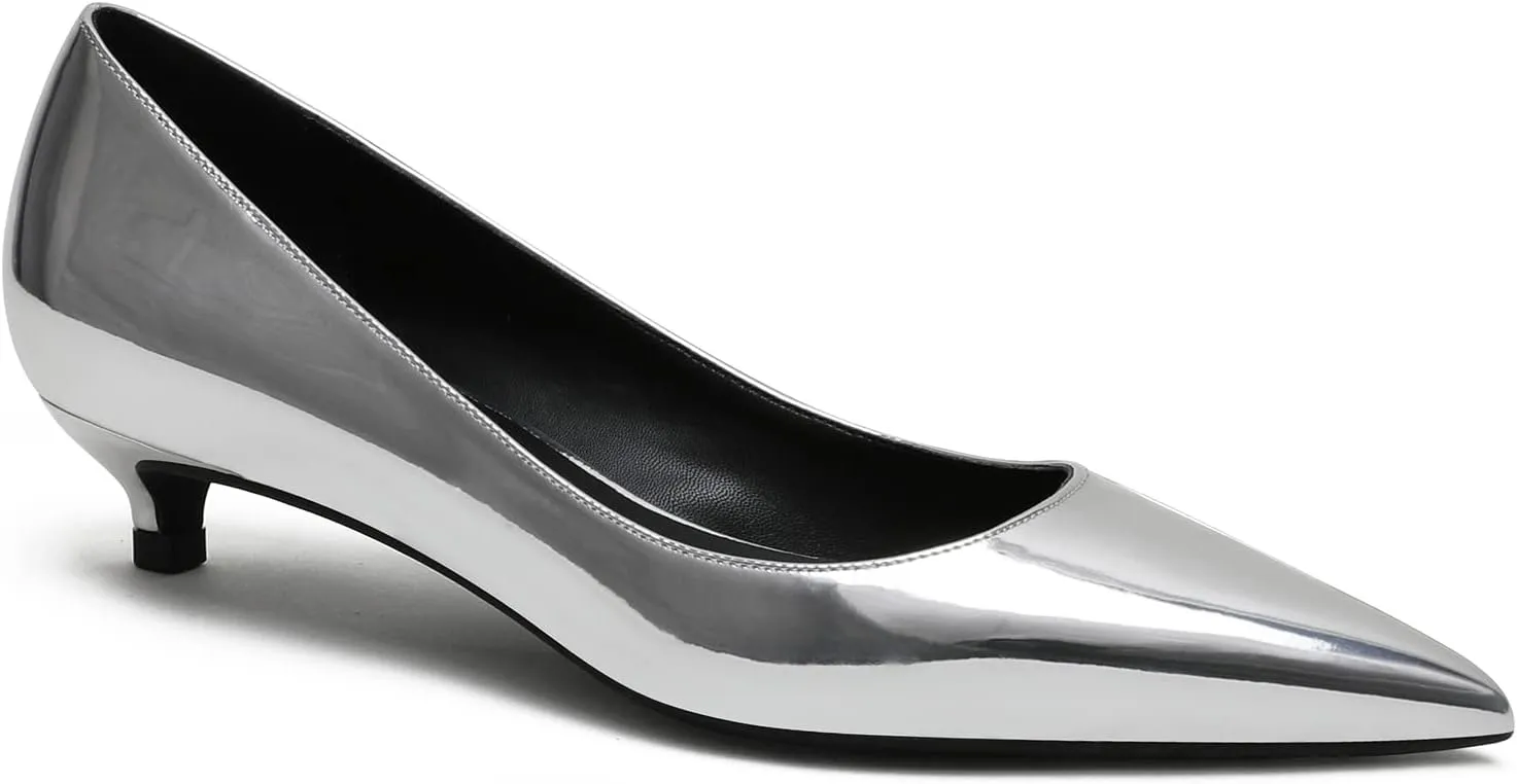 MOOMMO Low Kitten Heel Pumps for Women Pointed Toe Satin Dress Shoes Slip On 1 Inch Low Heel Work Pumps Comfy Basic Casual Office Evening Party Bridal Pump Shoes 4-13 M US