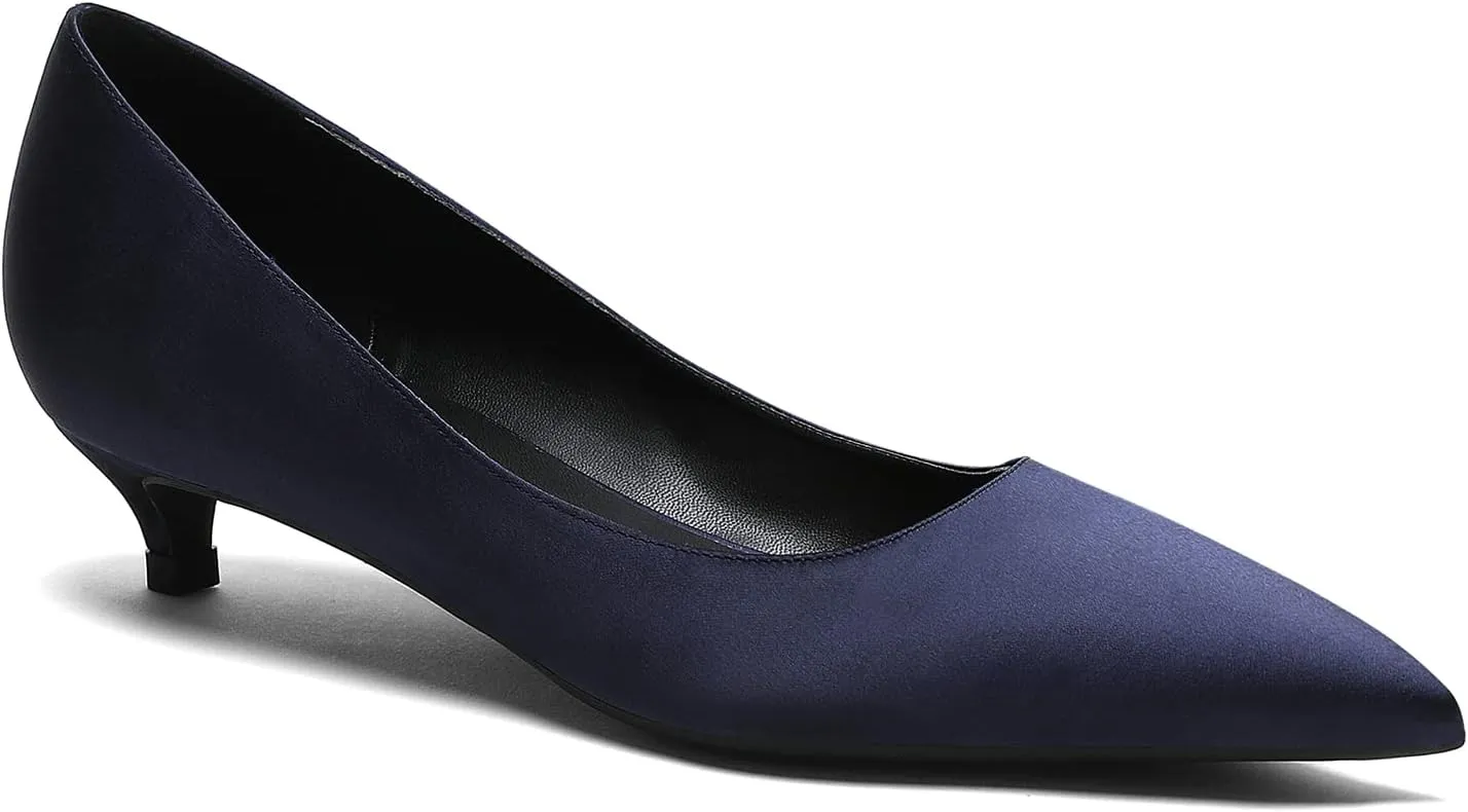 MOOMMO Low Kitten Heel Pumps for Women Pointed Toe Satin Dress Shoes Slip On 1 Inch Low Heel Work Pumps Comfy Basic Casual Office Evening Party Bridal Pump Shoes 4-13 M US