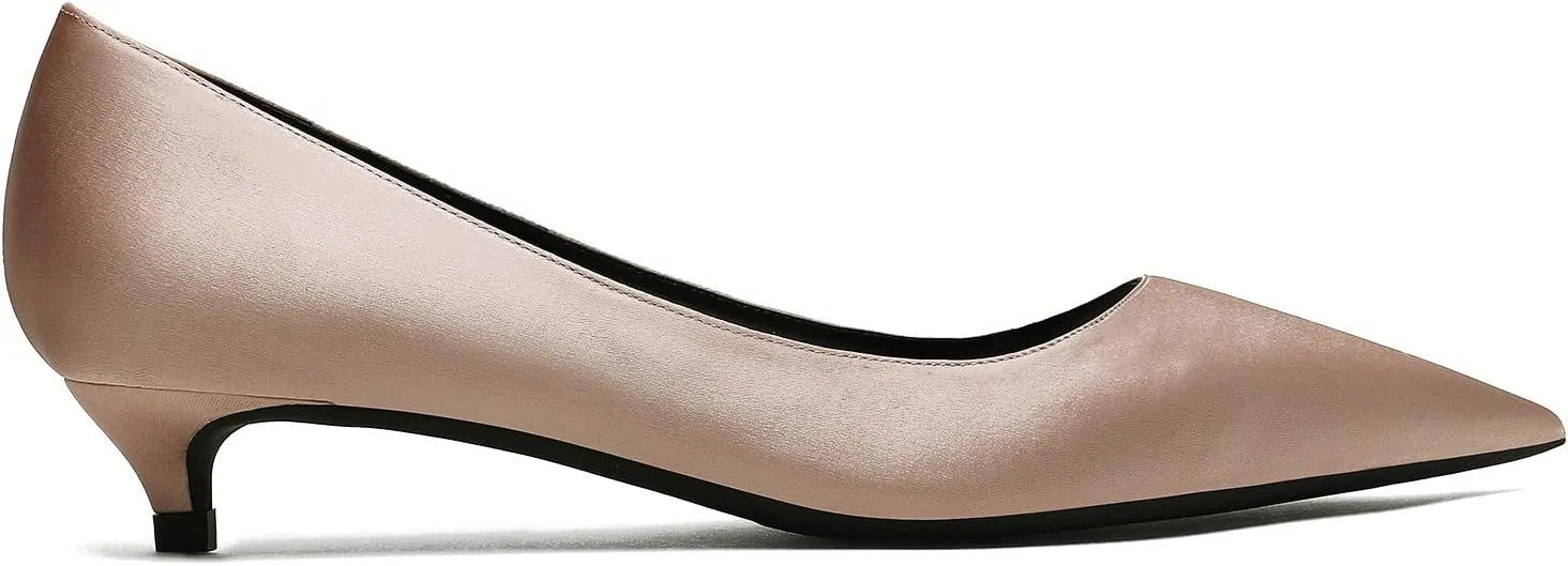 MOOMMO Low Kitten Heel Pumps for Women Pointed Toe Satin Dress Shoes Slip On 1 Inch Low Heel Work Pumps Comfy Basic Casual Office Evening Party Bridal Pump Shoes 4-13 M US
