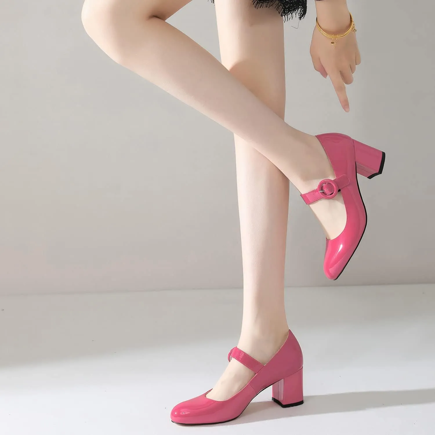 MOOMMO Women Classic Mary Jane Heels Pumps Shoes Ankle Strap Closed Round Toe Dress Sandals Chunky Block Heels Comfort Wedding Party Evening Pump Mid Heel Basic Office Work Shoes Elegant 4-11 M US