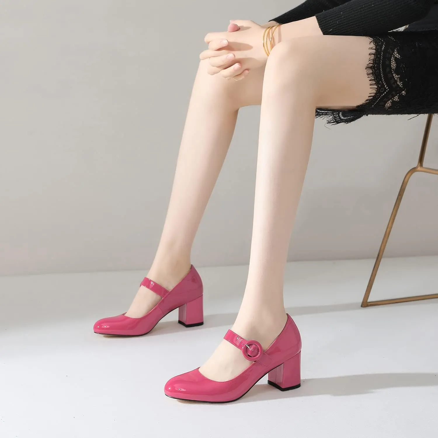 MOOMMO Women Classic Mary Jane Heels Pumps Shoes Ankle Strap Closed Round Toe Dress Sandals Chunky Block Heels Comfort Wedding Party Evening Pump Mid Heel Basic Office Work Shoes Elegant 4-11 M US