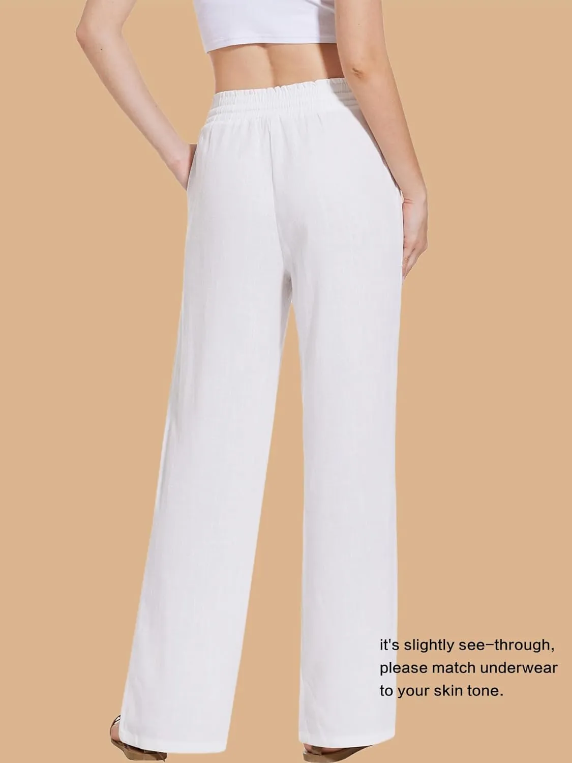 Moss Rose Women's Linen Pants Drawstring High Waisted Flowy Wide Leg Palazzo Trousers with Pockets