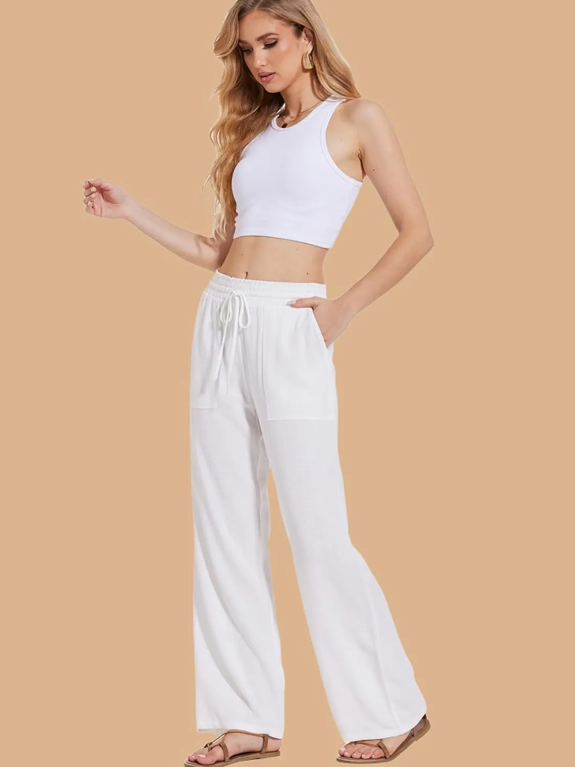 Moss Rose Women's Linen Pants Drawstring High Waisted Flowy Wide Leg Palazzo Trousers with Pockets
