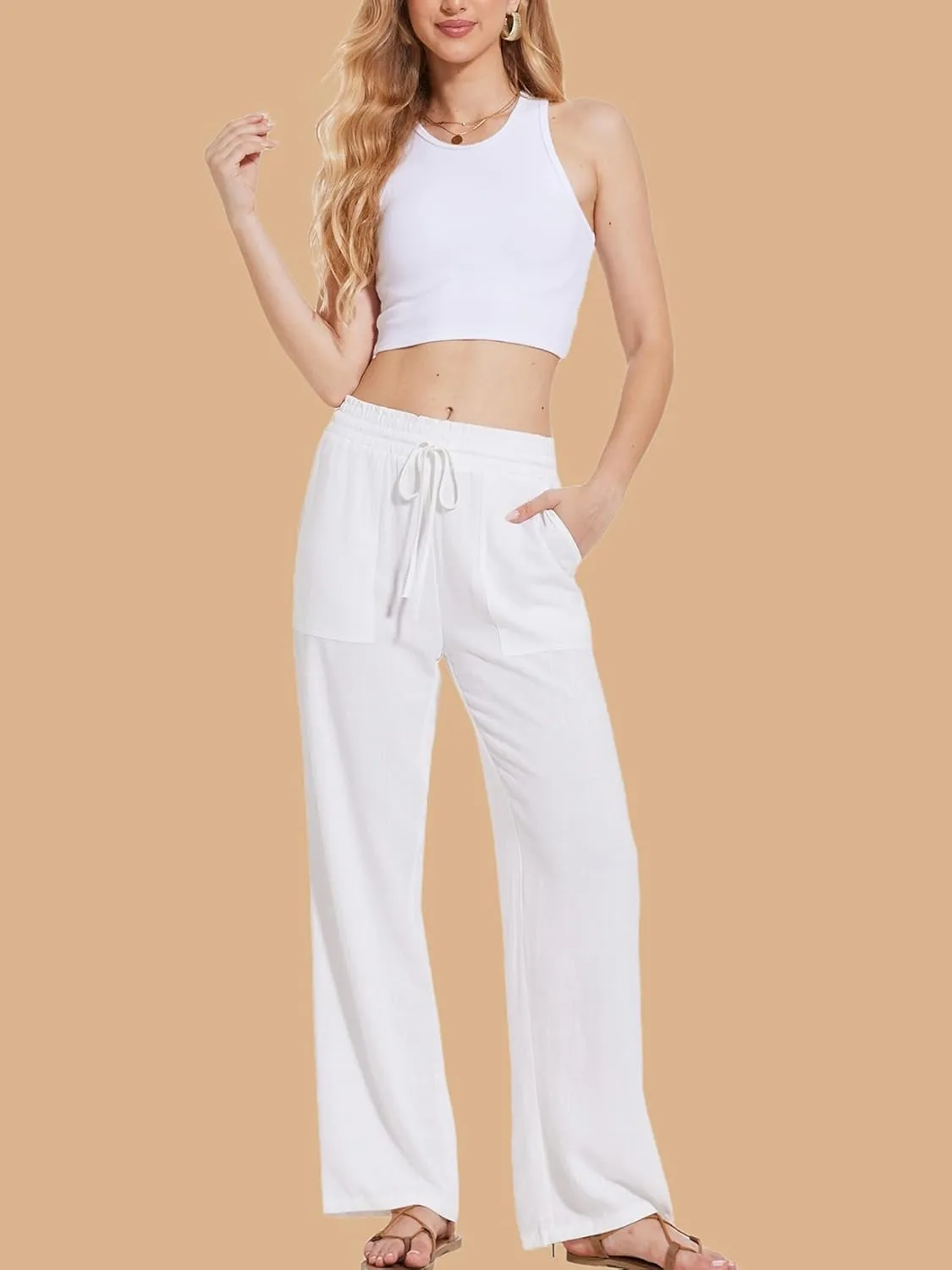 Moss Rose Women's Linen Pants Drawstring High Waisted Flowy Wide Leg Palazzo Trousers with Pockets