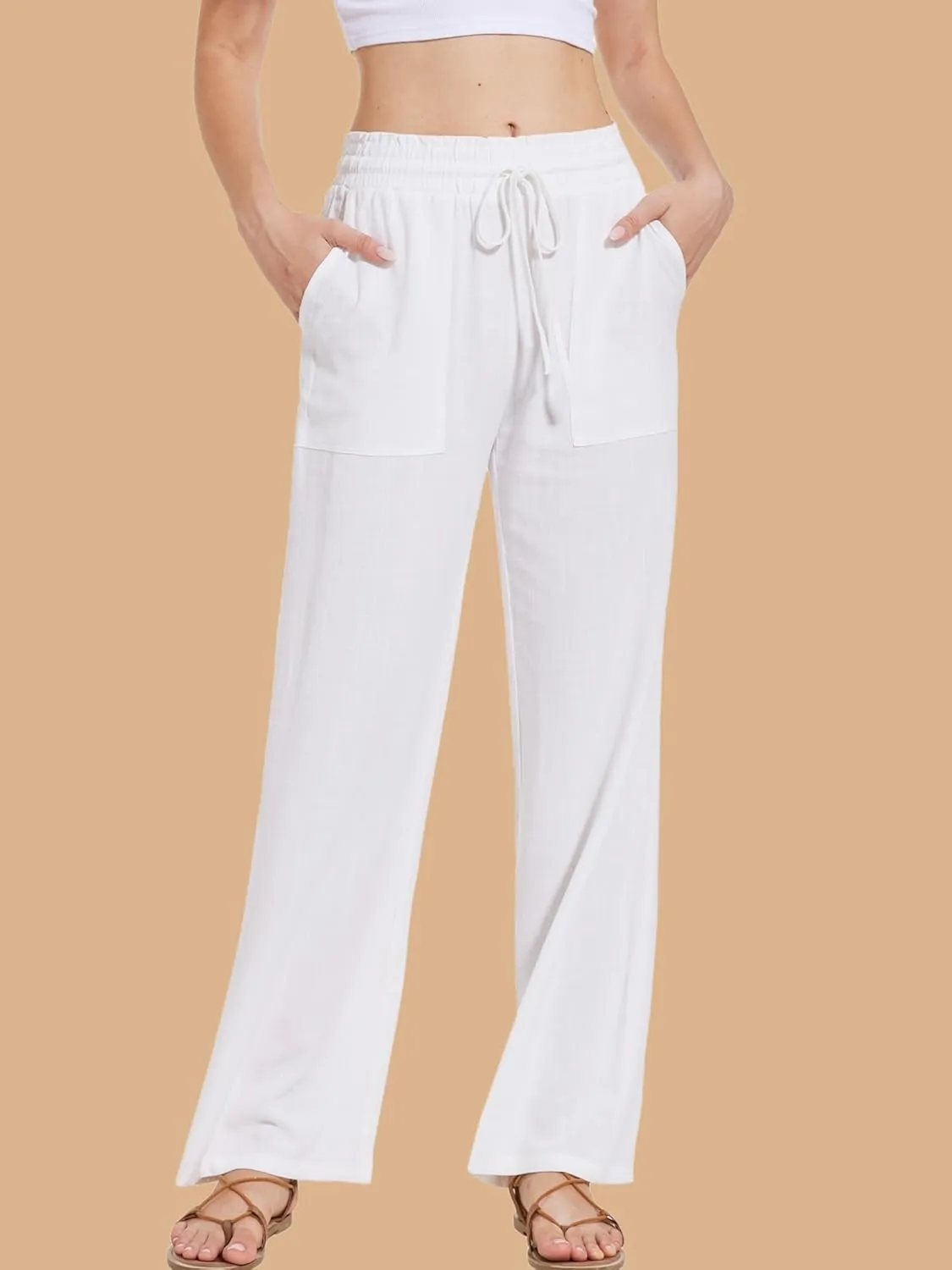 Moss Rose Women's Linen Pants Drawstring High Waisted Flowy Wide Leg Palazzo Trousers with Pockets