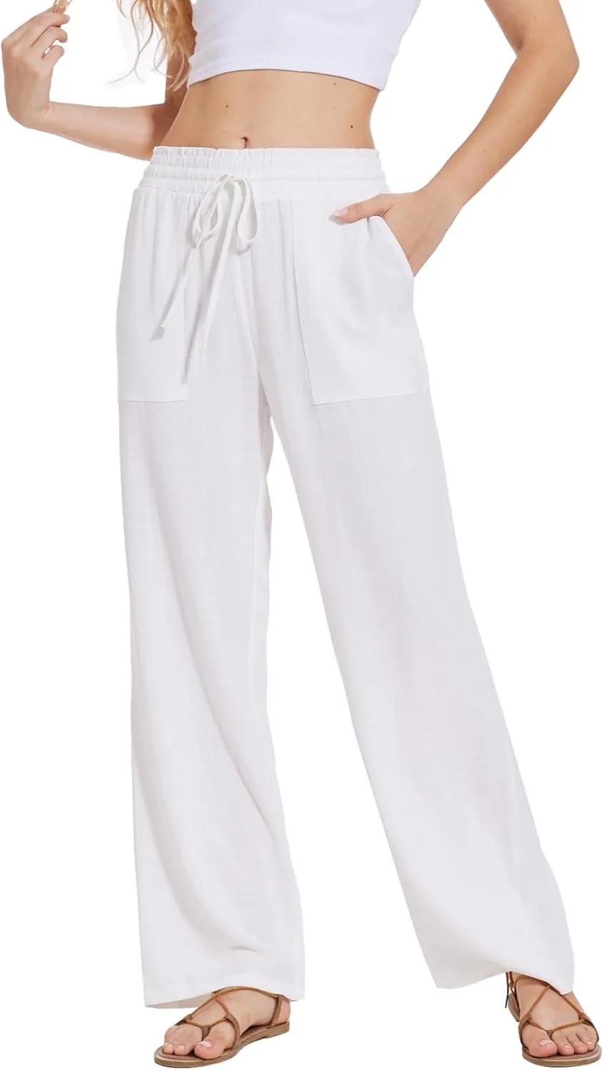 Moss Rose Women's Linen Pants Drawstring High Waisted Flowy Wide Leg Palazzo Trousers with Pockets