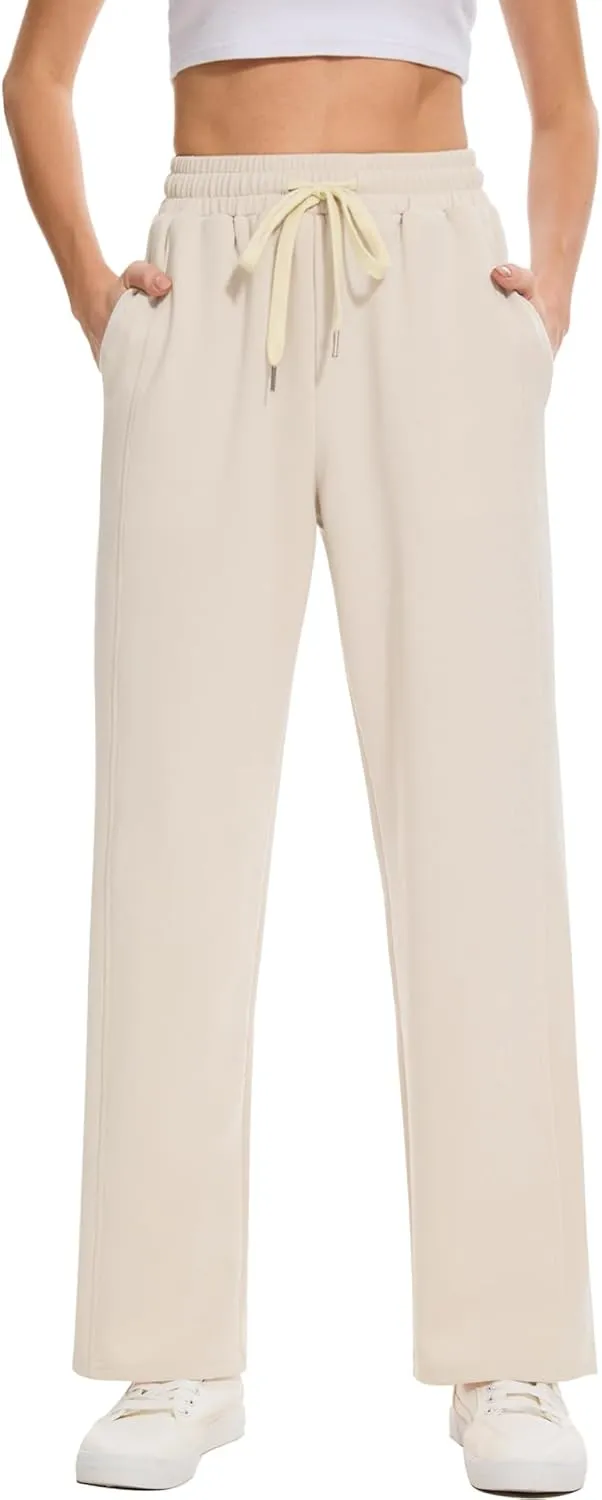 Moss Rose Women's Straight Leg Casual Sweatpants Elastic Waisted Workout Pants with Pockets