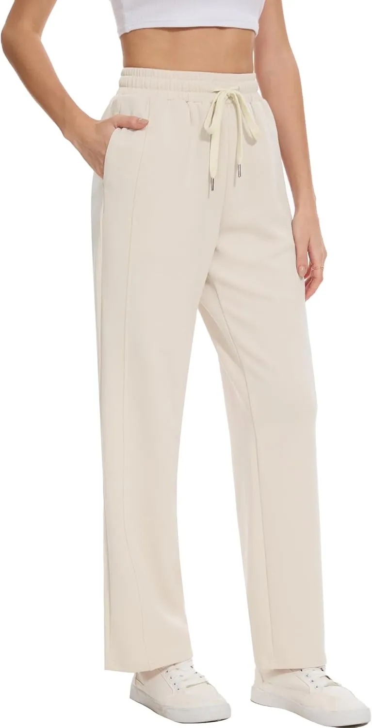 Moss Rose Women's Straight Leg Casual Sweatpants Elastic Waisted Workout Pants with Pockets