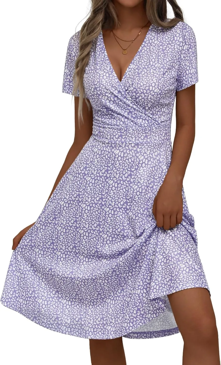 MSBASIC Womens Summer Wrap V Neck Casual Dresses Floral Short Sleeve A-Line Midi Sundress