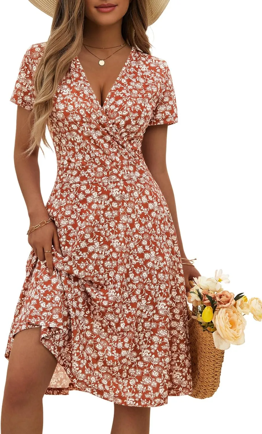 MSBASIC Womens Summer Wrap V Neck Casual Dresses Floral Short Sleeve A-Line Midi Sundress