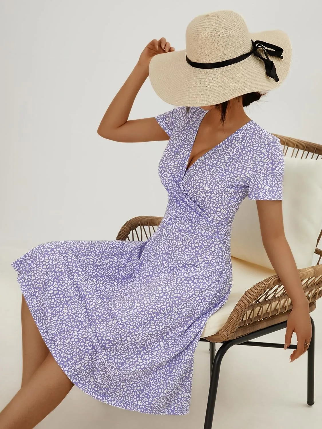 MSBASIC Womens Summer Wrap V Neck Casual Dresses Floral Short Sleeve A-Line Midi Sundress