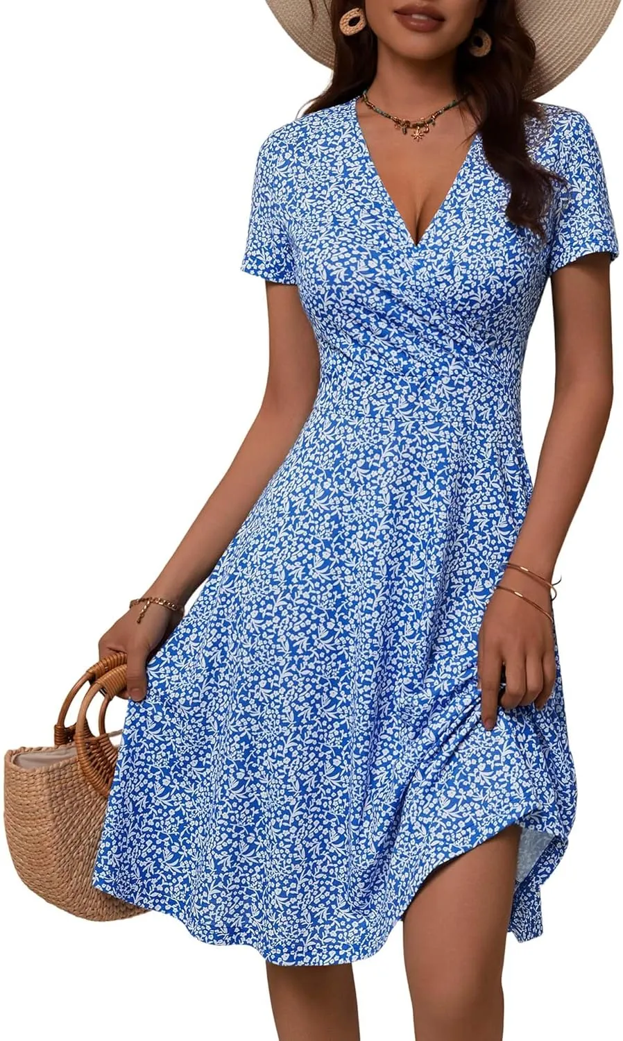 MSBASIC Womens Summer Wrap V Neck Casual Dresses Floral Short Sleeve A-Line Midi Sundress