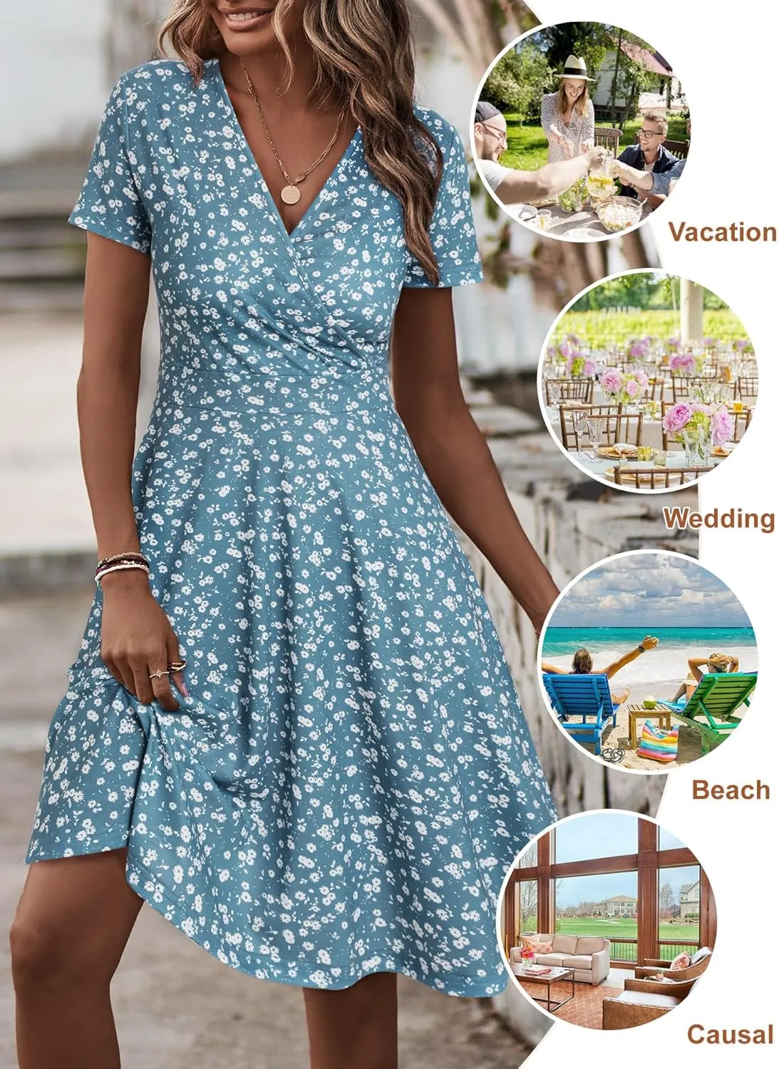 MSBASIC Womens Summer Wrap V Neck Casual Dresses Floral Short Sleeve A-Line Midi Sundress