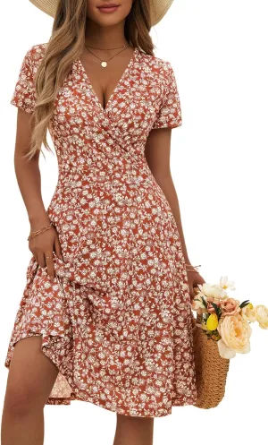 MSBASIC Womens Summer Wrap V Neck Casual Dresses Floral Short Sleeve A-Line Midi Sundress