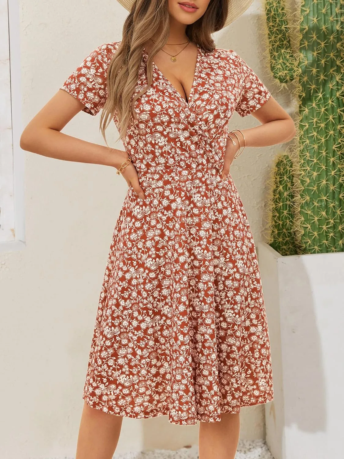 MSBASIC Womens Summer Wrap V Neck Casual Dresses Floral Short Sleeve A-Line Midi Sundress