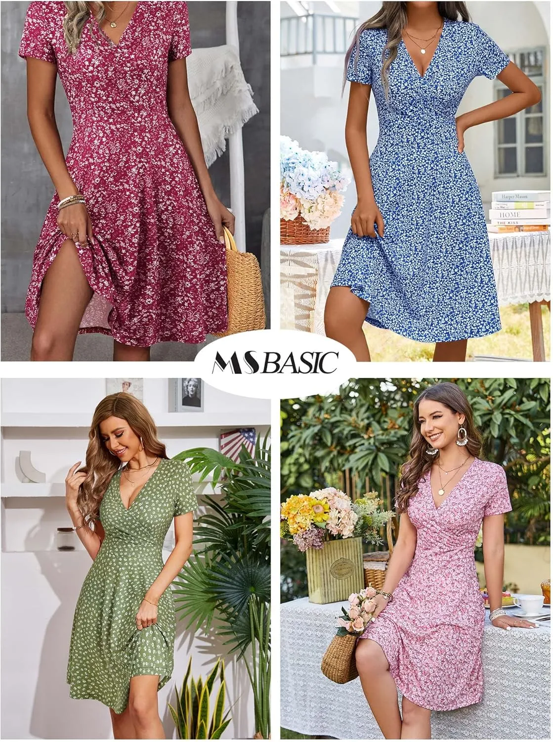 MSBASIC Womens Summer Wrap V Neck Casual Dresses Floral Short Sleeve A-Line Midi Sundress