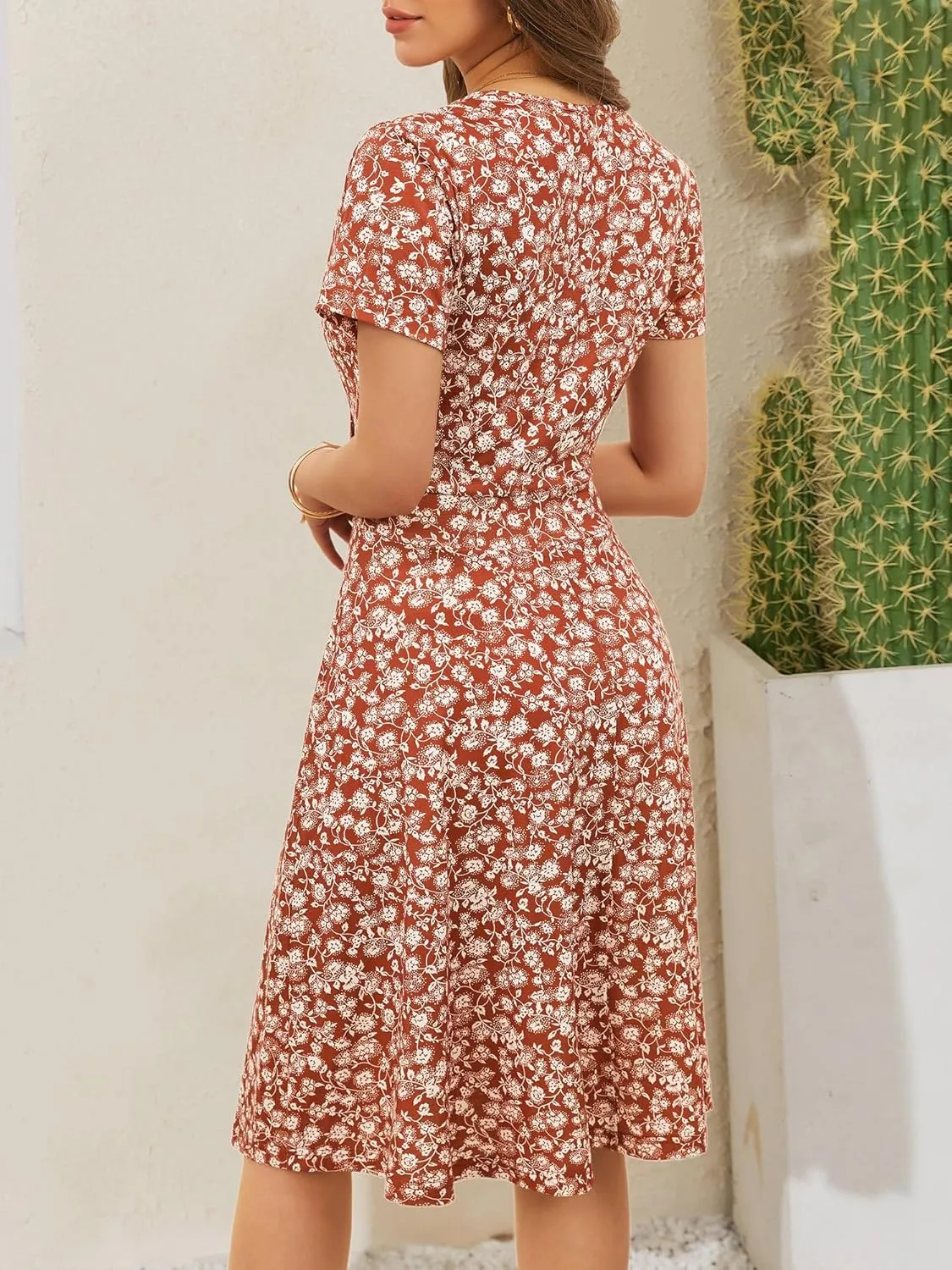 MSBASIC Womens Summer Wrap V Neck Casual Dresses Floral Short Sleeve A-Line Midi Sundress