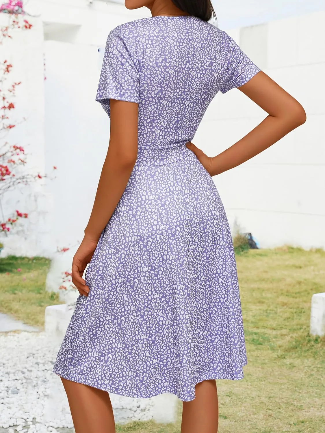 MSBASIC Womens Summer Wrap V Neck Casual Dresses Floral Short Sleeve A-Line Midi Sundress