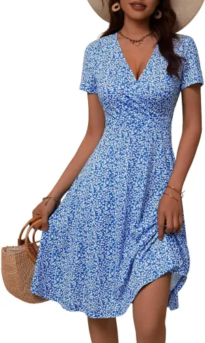 MSBASIC Womens Summer Wrap V Neck Casual Dresses Floral Short Sleeve A-Line Midi Sundress