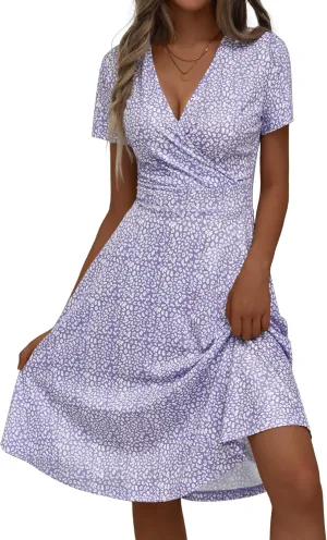 MSBASIC Womens Summer Wrap V Neck Casual Dresses Floral Short Sleeve A-Line Midi Sundress