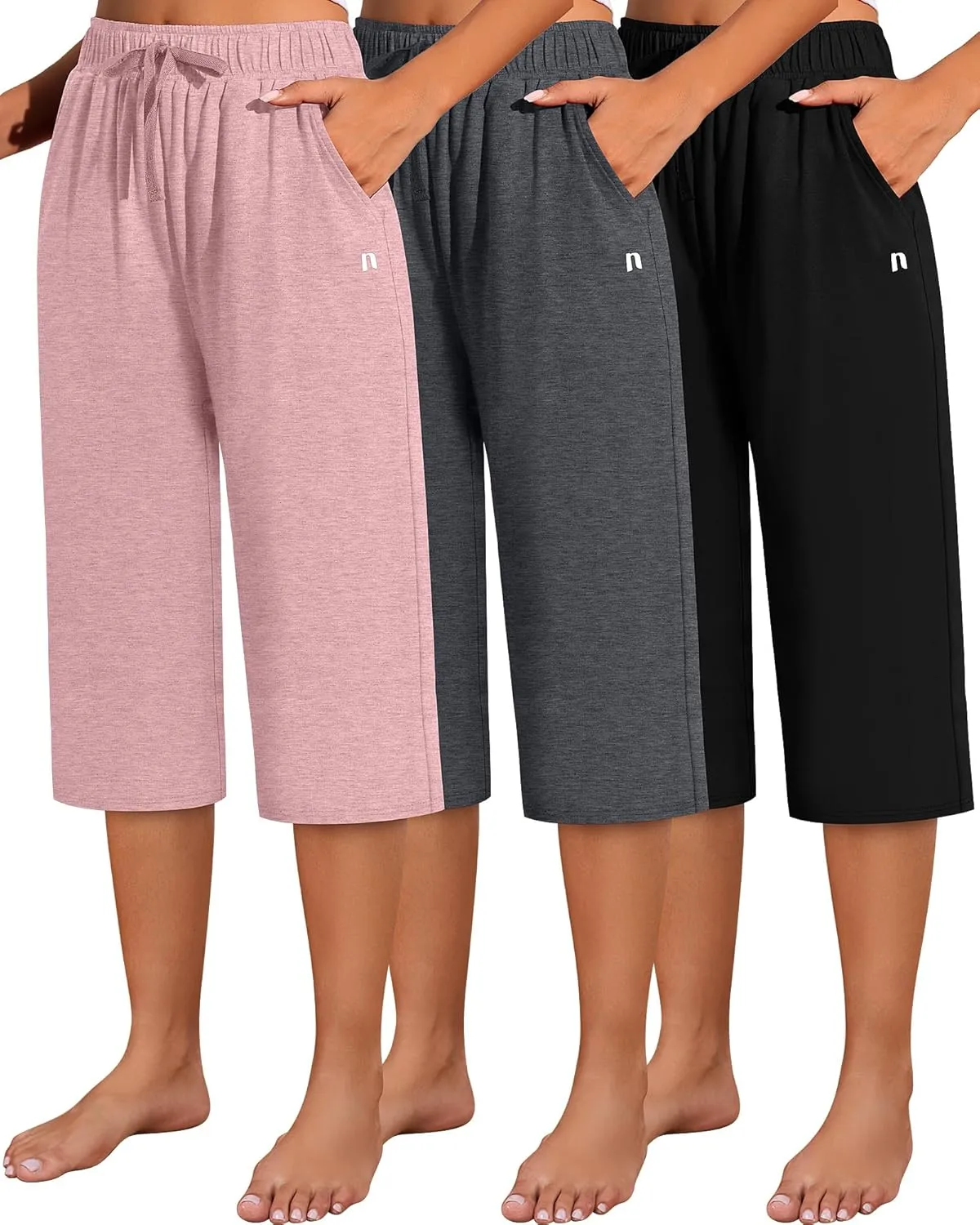 Neer 3 Pack Women's Capri Pants, Cotton Wide Leg Basic Sweatpants Lounge Loose Fit Casual Drawstring Yoga Capris with Pockets