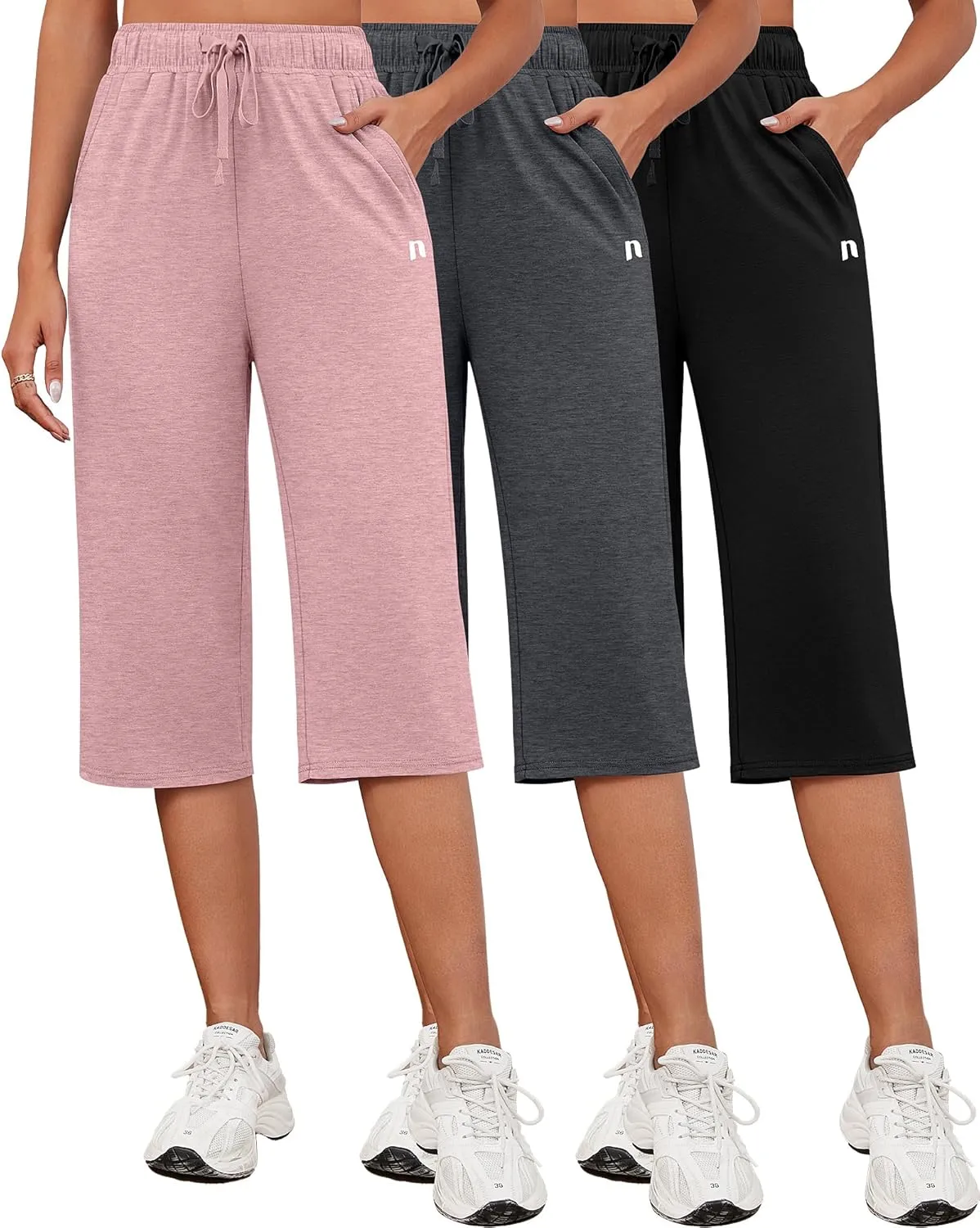 Neer 3 Pack Women's Capri Pants, Cotton Wide Leg Basic Sweatpants Lounge Loose Fit Casual Drawstring Yoga Capris with Pockets