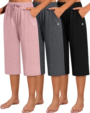 Neer 3 Pack Women's Capri Pants, Cotton Wide Leg Basic Sweatpants Lounge Loose Fit Casual Drawstring Yoga Capris with Pockets