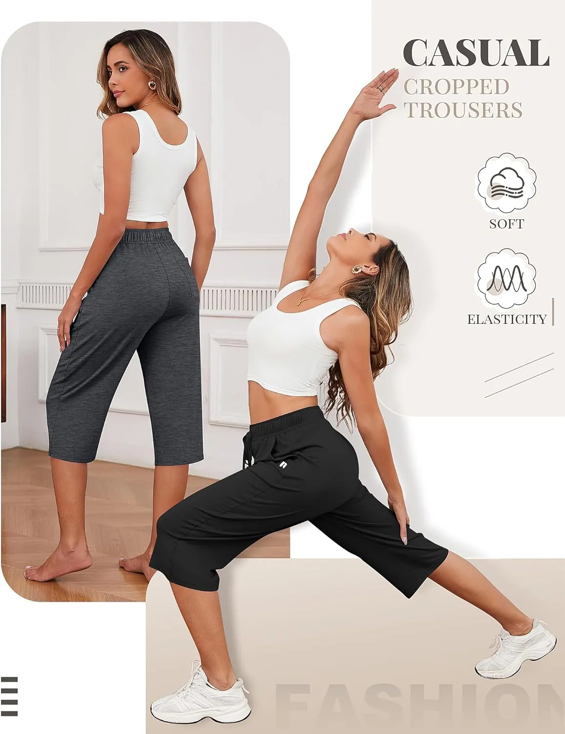 Neer 3 Pack Women's Capri Pants, Cotton Wide Leg Basic Sweatpants Lounge Loose Fit Casual Drawstring Yoga Capris with Pockets