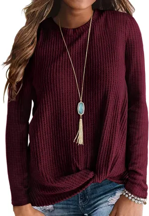 Neineiwu Womens Casual Tops Long Sleeve Cute Twist Knot Waffle Knit Shirts Loose Blouse