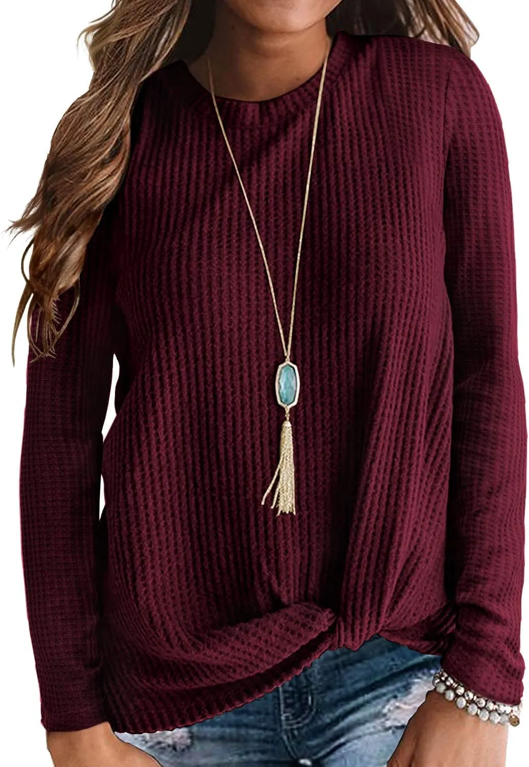 Neineiwu Womens Casual Tops Long Sleeve Cute Twist Knot Waffle Knit Shirts Loose Blouse