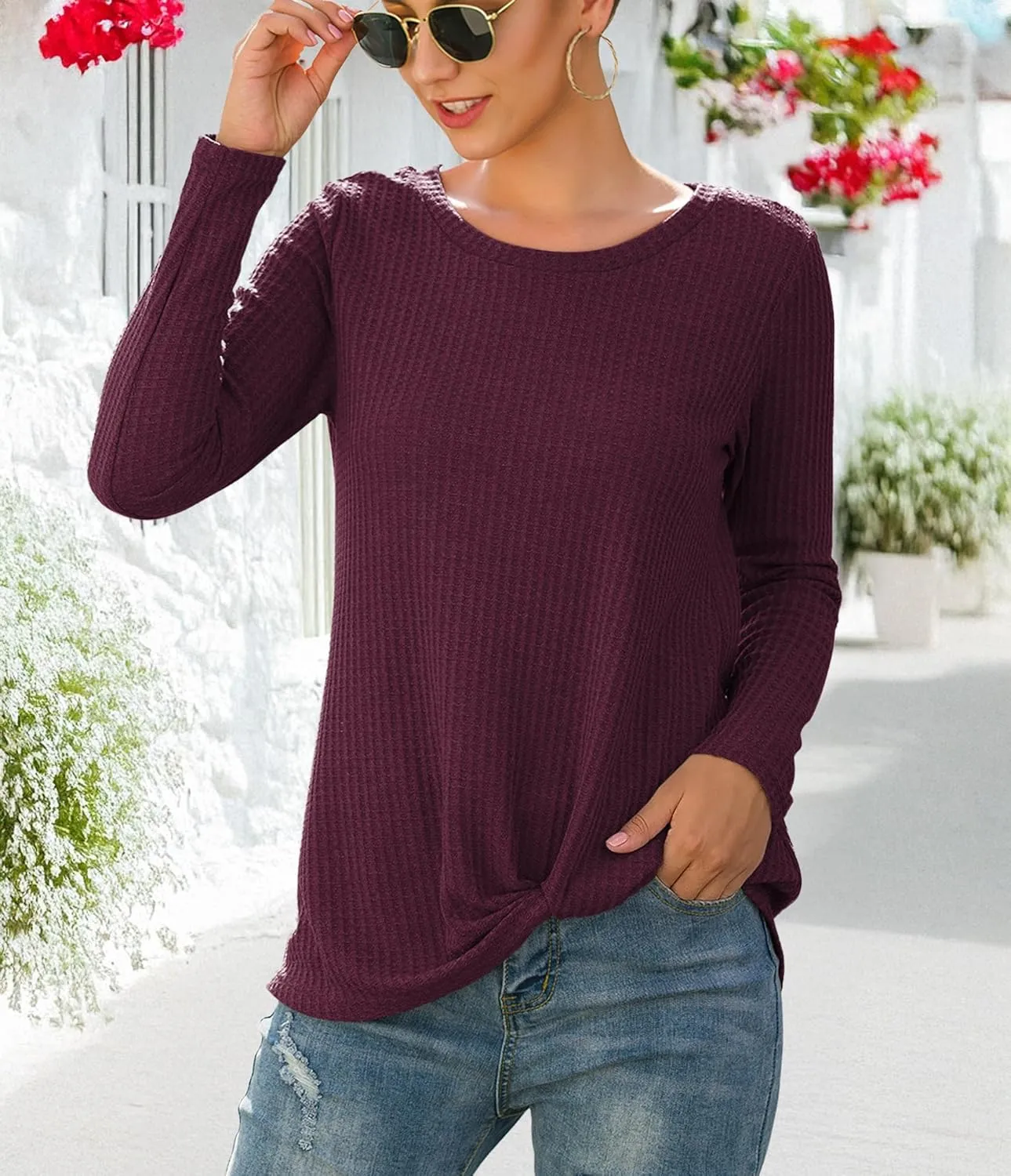 Neineiwu Womens Casual Tops Long Sleeve Cute Twist Knot Waffle Knit Shirts Loose Blouse