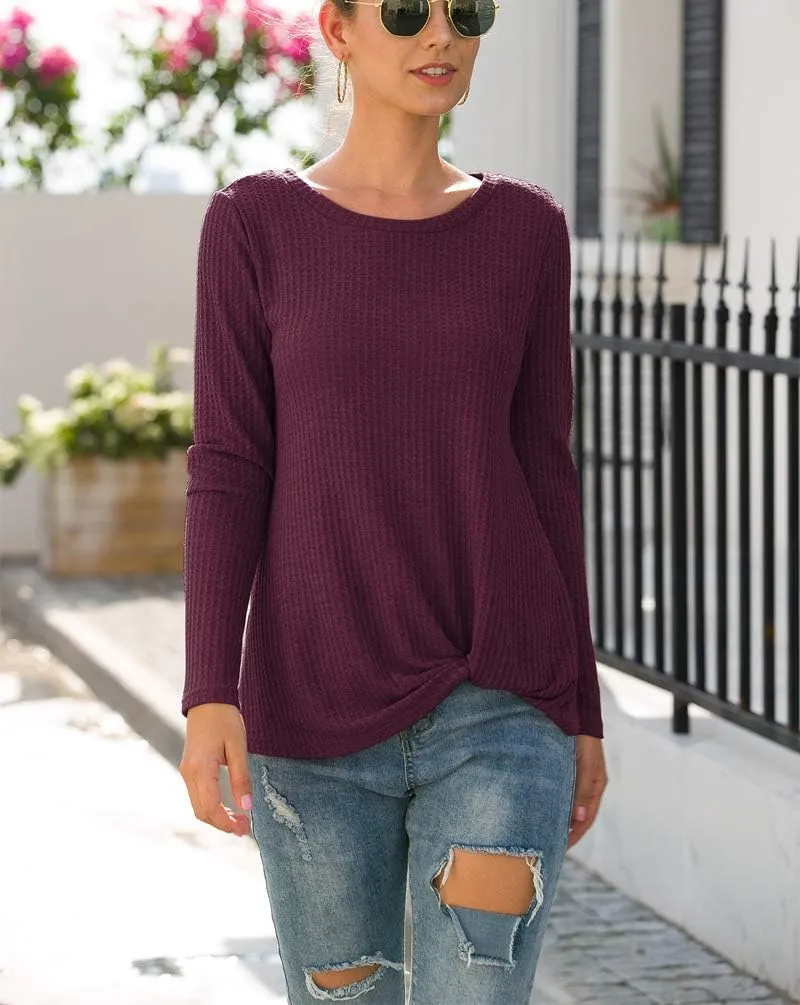 Neineiwu Womens Casual Tops Long Sleeve Cute Twist Knot Waffle Knit Shirts Loose Blouse