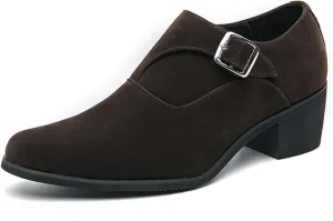 NELSBREXMen'S Suede Leather Chunky Heel Monk Strap Oxford Shoes Fashionable Pointed Toe Non-Slip Slip-On Block Heel Loafers Formal Business Dress Low top Chelsea Boots