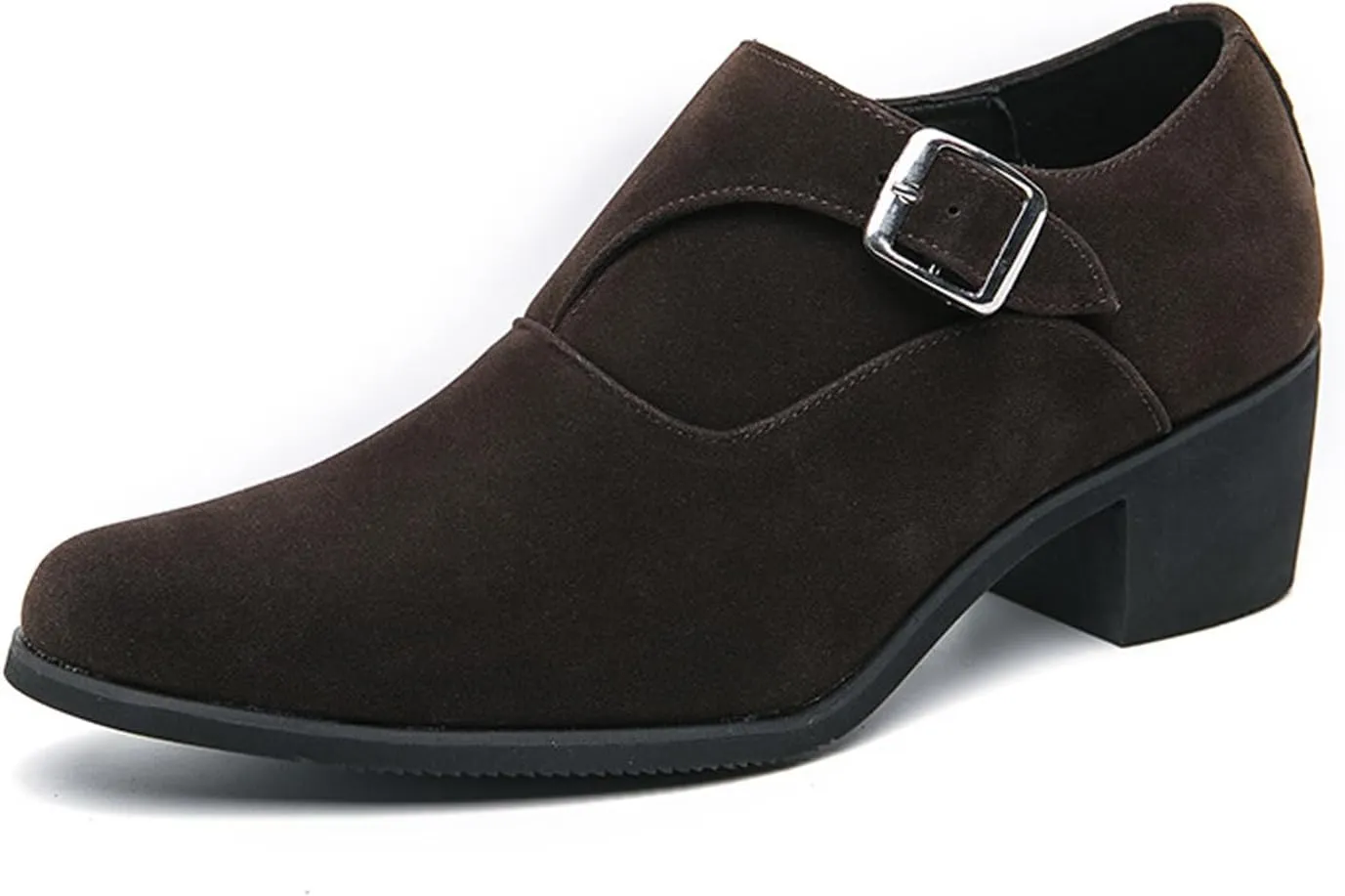 NELSBREXMen'S Suede Leather Chunky Heel Monk Strap Oxford Shoes Fashionable Pointed Toe Non-Slip Slip-On Block Heel Loafers Formal Business Dress Low top Chelsea Boots