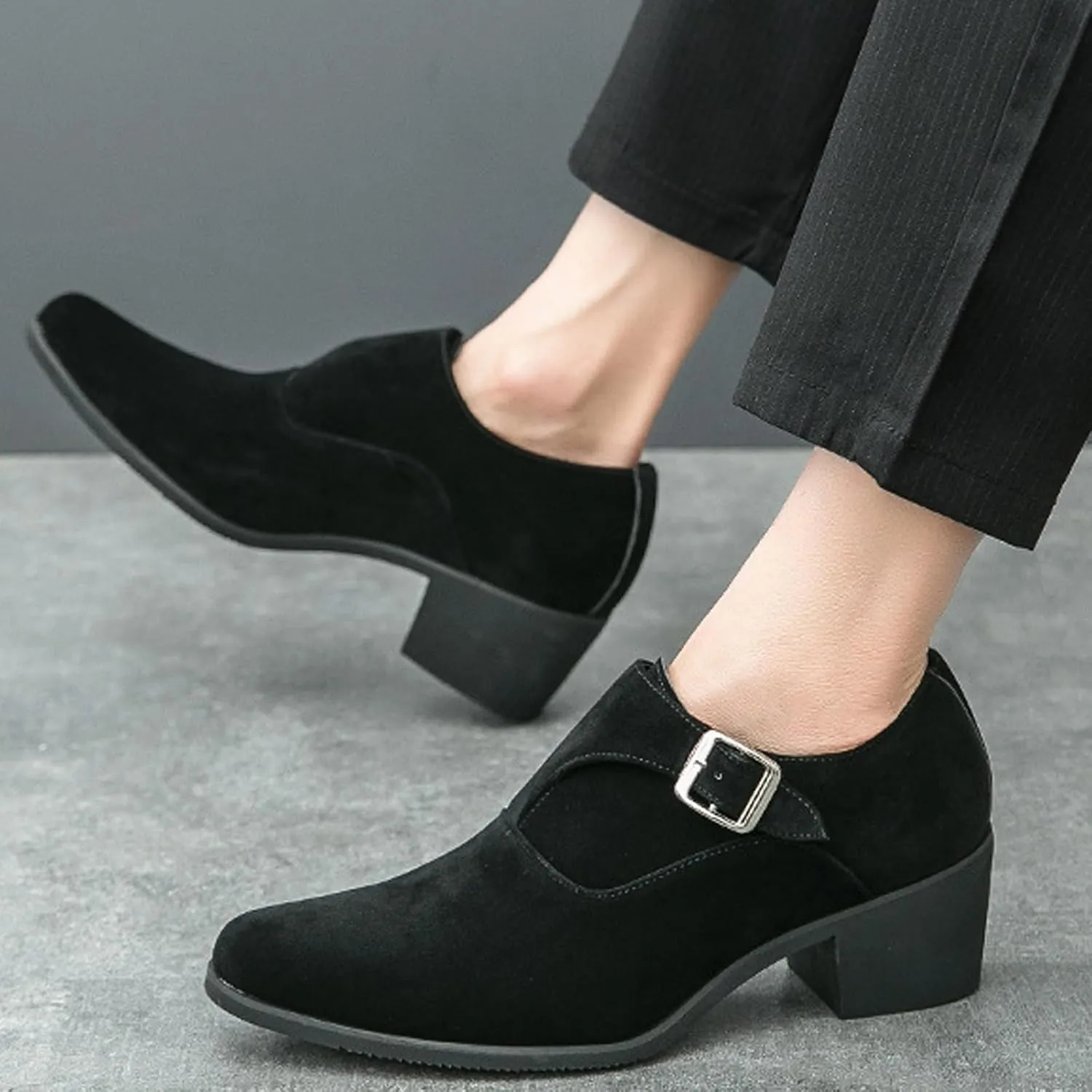 NELSBREXMen'S Suede Leather Chunky Heel Monk Strap Oxford Shoes Fashionable Pointed Toe Non-Slip Slip-On Block Heel Loafers Formal Business Dress Low top Chelsea Boots