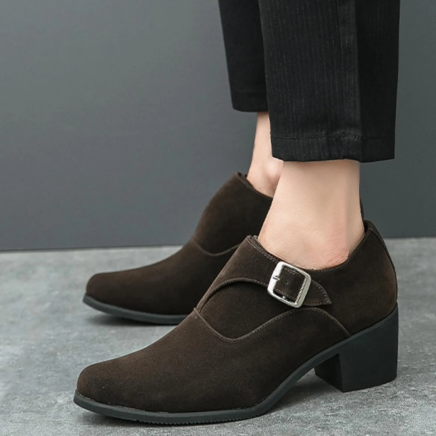 NELSBREXMen'S Suede Leather Chunky Heel Monk Strap Oxford Shoes Fashionable Pointed Toe Non-Slip Slip-On Block Heel Loafers Formal Business Dress Low top Chelsea Boots