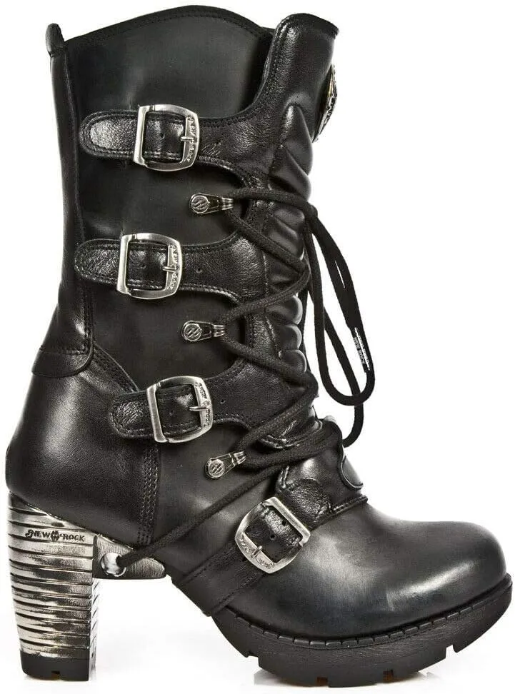 New Rock Boots TR003-S1 Ladies Metallic Black Leather Biker Heel Goth Punk Shoes Ankle Boots