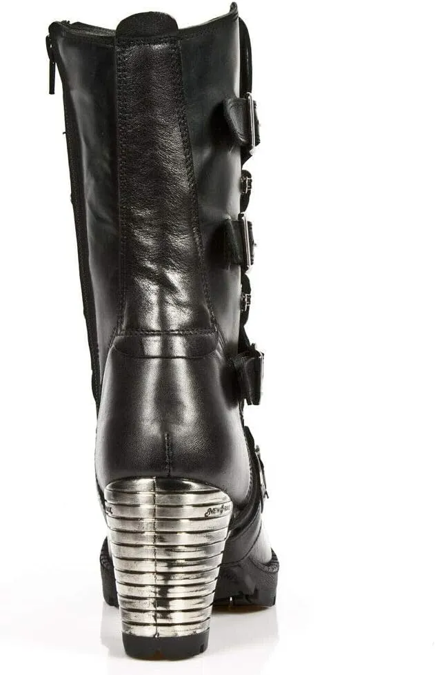 New Rock Boots TR003-S1 Ladies Metallic Black Leather Biker Heel Goth Punk Shoes Ankle Boots