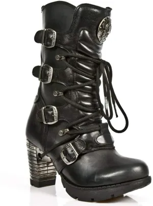 New Rock Boots TR003-S1 Ladies Metallic Black Leather Biker Heel Goth Punk Shoes Ankle Boots