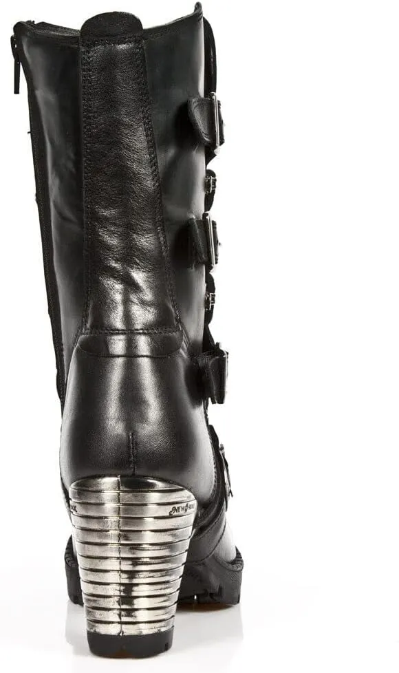 New Rock Boots TR003-S1 Ladies Metallic Black Leather Biker Heel Goth Punk Shoes Ankle Fashion Boots