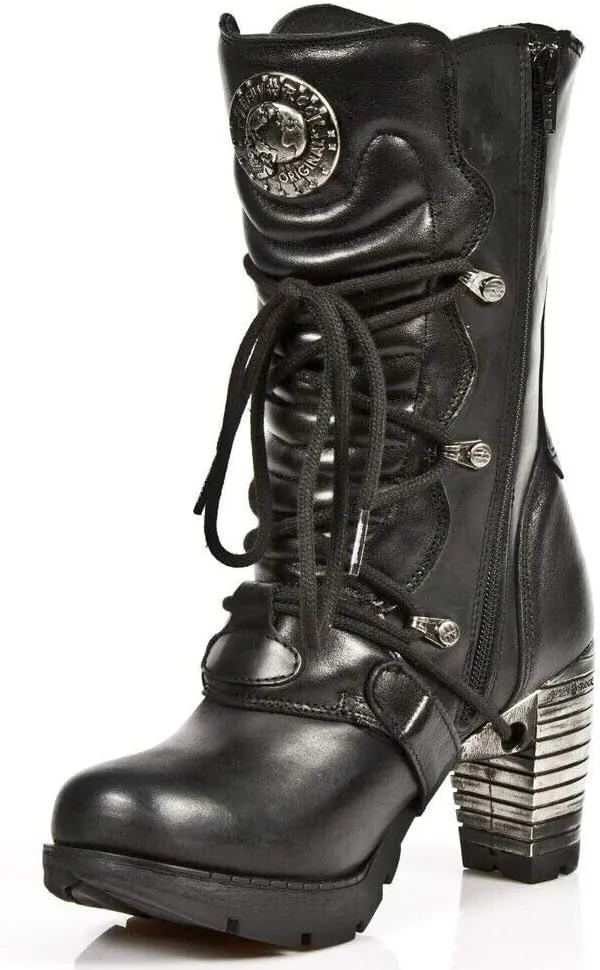 New Rock Boots TR003-S1 Ladies Metallic Black Leather Biker Heel Goth Punk Shoes Ankle Fashion Boots