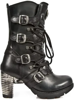 New Rock Boots TR003-S1 Ladies Metallic Black Leather Biker Heel Goth Punk Shoes Ankle Fashion Boots