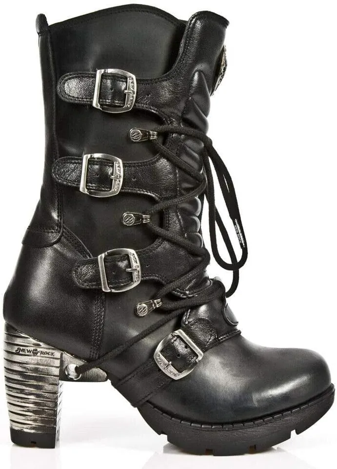 New Rock Boots TR003-S1 Ladies Metallic Black Leather Biker Heel Goth Punk Shoes Ankle Fashion Boots