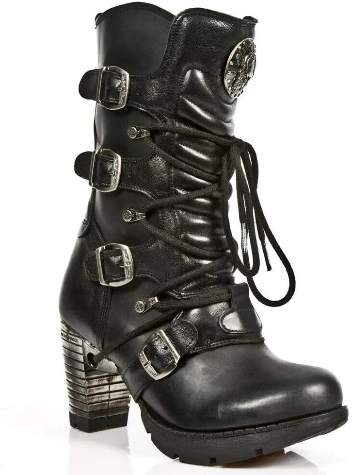 New Rock Boots TR003-S1 Ladies Metallic Black Leather Biker Heel Goth Punk Shoes Ankle Fashion Boots