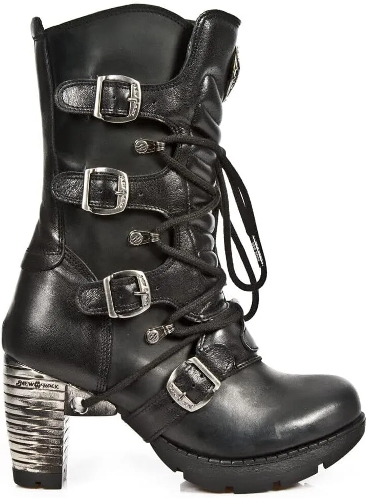 New Rock Boots TR003-S1 Ladies Metallic Black Leather Biker Heel Goth Punk Shoes Ankle Fashion Boots
