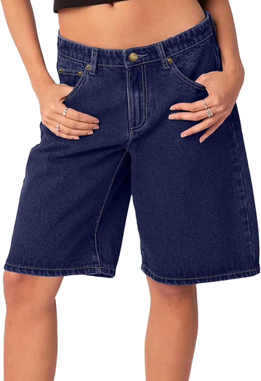 NIMIN Bermuda Shorts for Women Mid Waisted Y2K Summer Casual Jeans Shorts Loose Fit Jorts Knee Length Denim Shorts