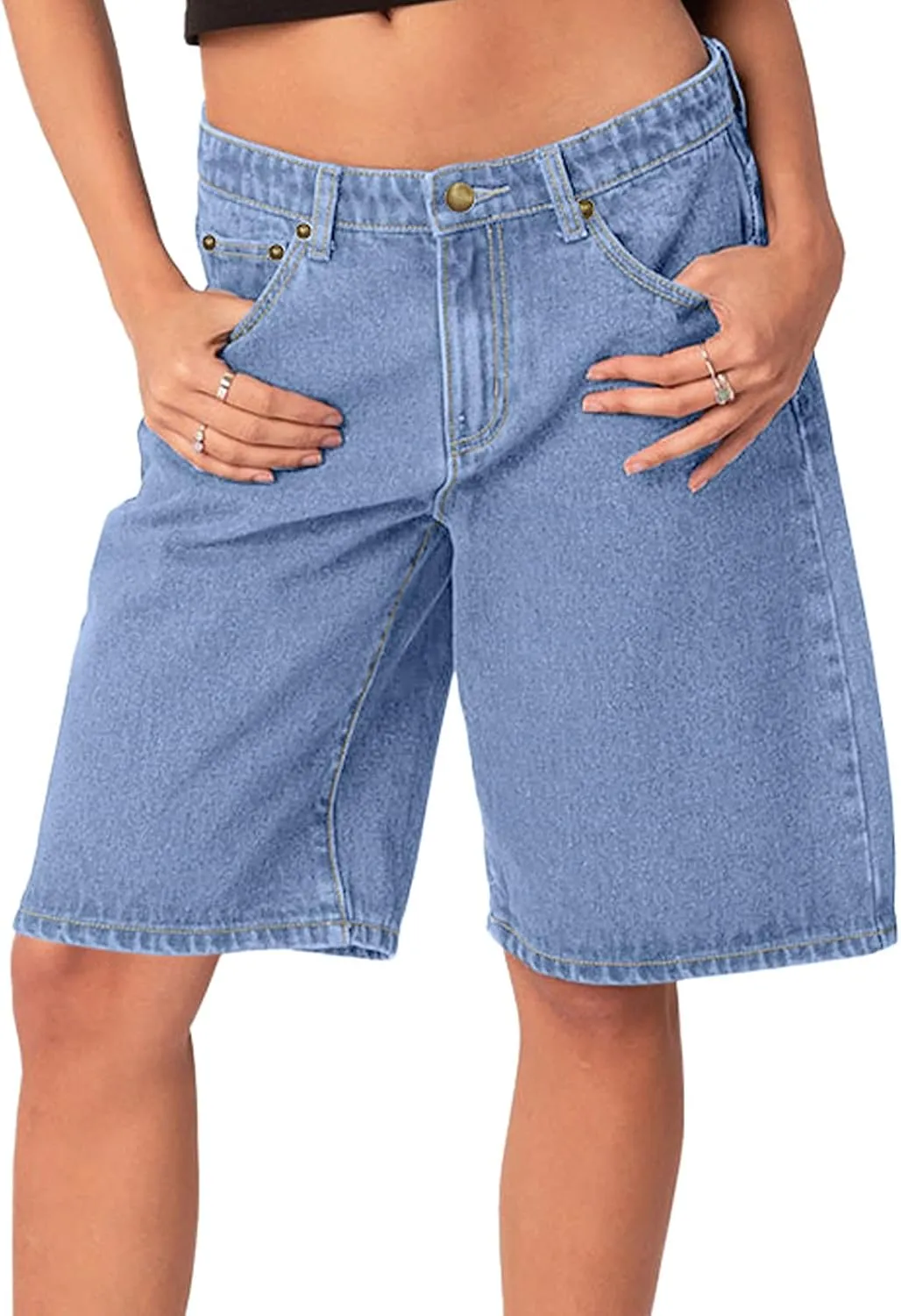 NIMIN Bermuda Shorts for Women Mid Waisted Y2K Summer Casual Jeans Shorts Loose Fit Jorts Knee Length Denim Shorts