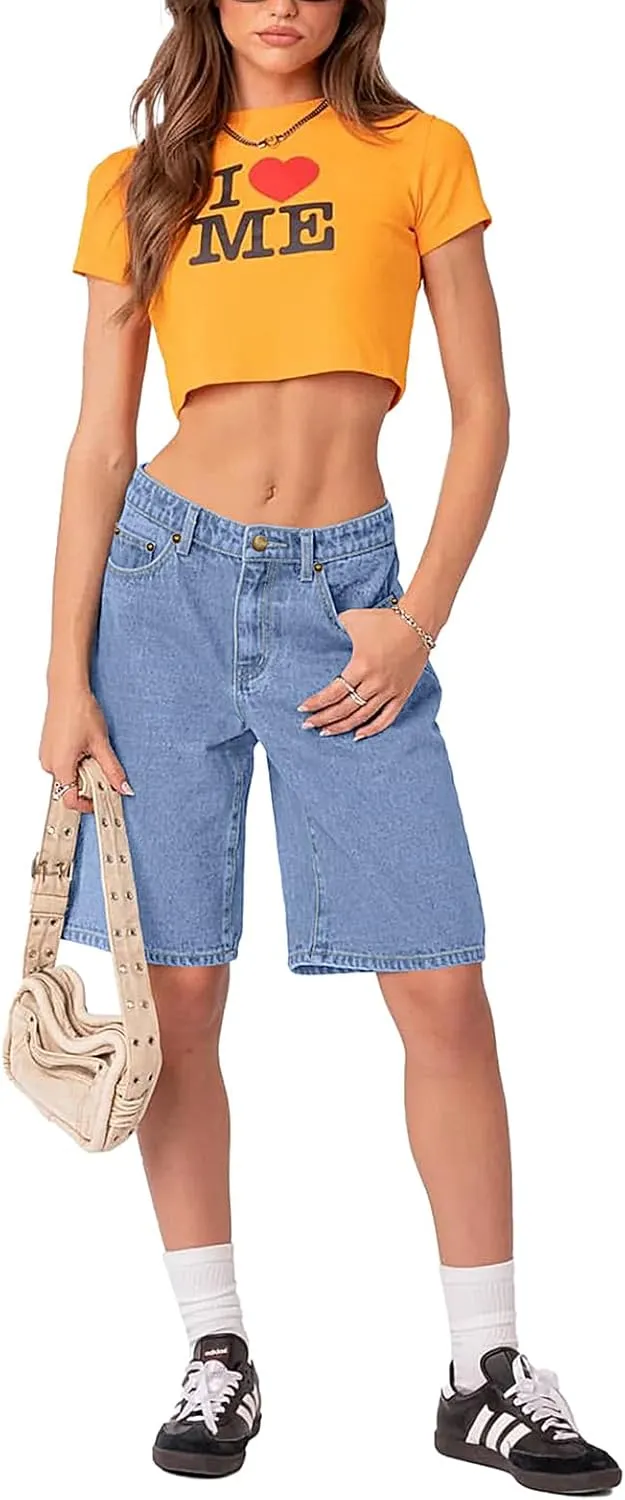 NIMIN Bermuda Shorts for Women Mid Waisted Y2K Summer Casual Jeans Shorts Loose Fit Jorts Knee Length Denim Shorts
