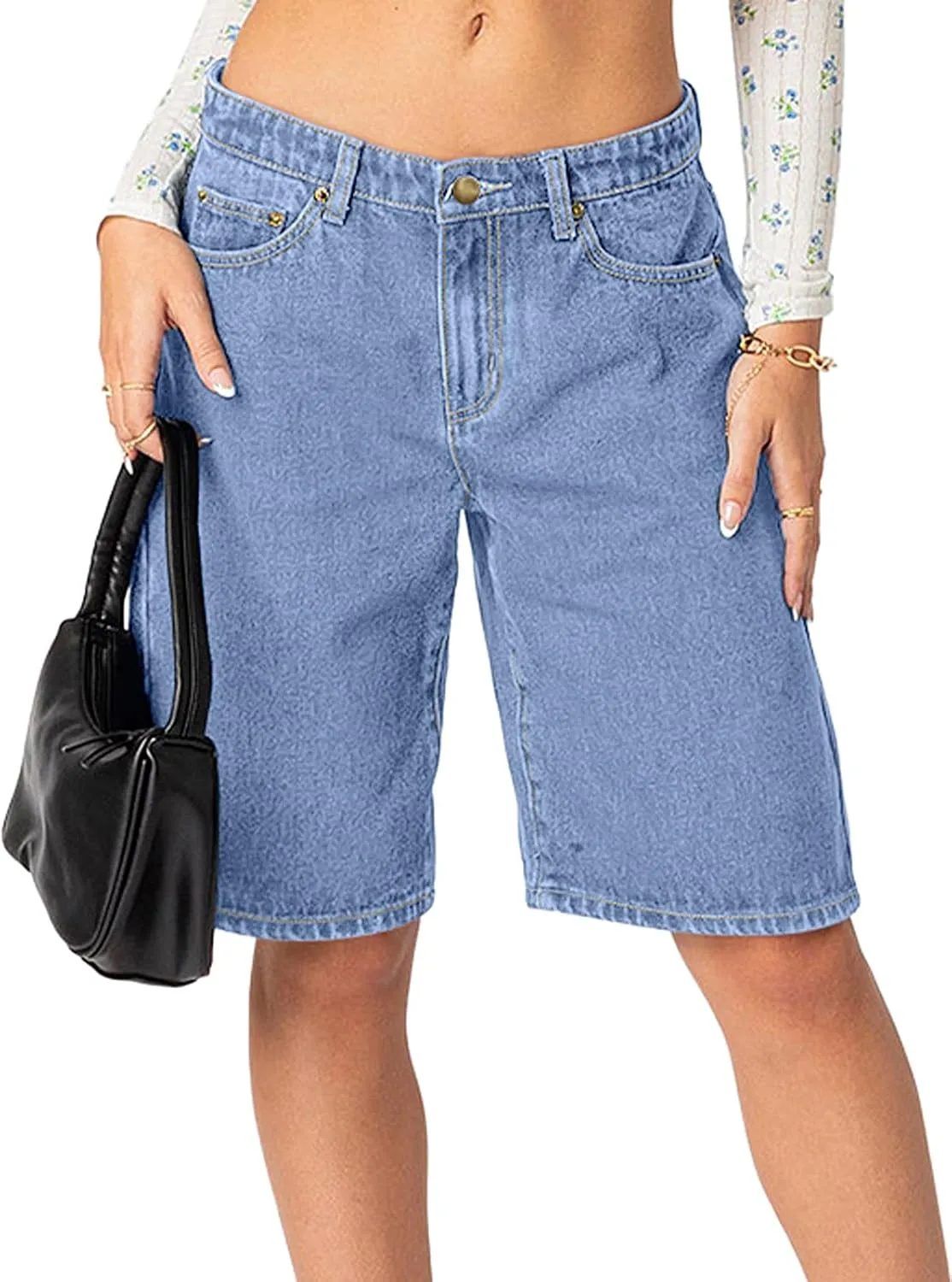NIMIN Bermuda Shorts for Women Mid Waisted Y2K Summer Casual Jeans Shorts Loose Fit Jorts Knee Length Denim Shorts